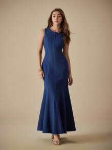 Selenza Women Solid Color Simple Sleeveless Denim Dress  Casual Elegant In Women - Blue - View 7