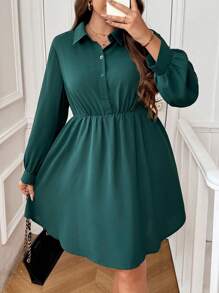 SHEIN Frenchy Plus Size Waist Cinched Green Casual Dress, Fashion Versatile Must-Have For Plus Size Women Everyday & Outings - Dark Green - View 4