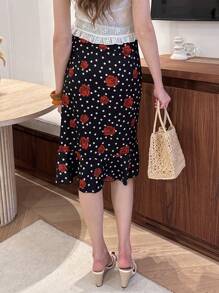 Chiquease Jupe mi-longue décontractée, romantique et vintage pour femme, avec imprimé à pois et fleurs, pour l'été