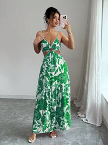 Elenzga Women's Print Waist Fitted Vacation Everyday Commute Spaghetti Strap Midi Dress - Green - View 4