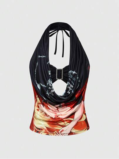 Anime ملابس علوية نسائية بياقة غائصة ومزخرفة بفتاة أنمي من طراز Y2K