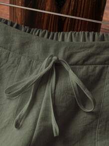 SHEIN Tall Pantalones largos informales estilo francés de aspecto de lino para mujeres - Verde militar - Ver 5