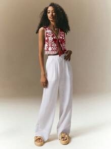 Poéselle Women's Vacation Floral Embroidery Tie Front Casual Camisole - Burgundy - View 7