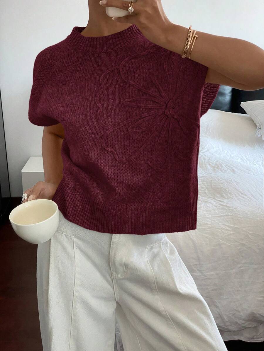 Siren Gaze 女士休闲纯色 3D 花卉短袖针织上衣