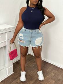 SHEIN PETITE CURVE Große Größen Lässiges, eng anliegendes weißes Trägershirt mit Rundhalsausschnitt und Off-Shoulder - marineblau - Übersicht 4