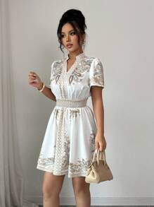 Rafferiza Vestido corto con mangas abullonadas, cintura recogida y estampado floral bohemio - Albaricoque - Ver 2