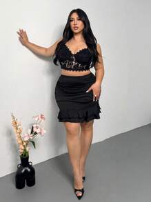 SHEIN Privé 大碼褶邊荷葉邊包臀半身裙
