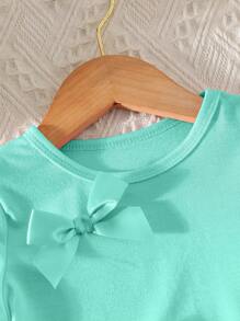 2pcs Baby Girls Casual Fashion Daily Crew Neck Raglan Short Sleeve Bow Decor Top And Elastic Waist Shorts Set Girls Clothes Set Teen Girl Shirts Rainbow Summer Sets Pride Short Sets For Baby Girl Baby Girl Summer Clothes Sets Sets For Baby Girls - Green - View 6