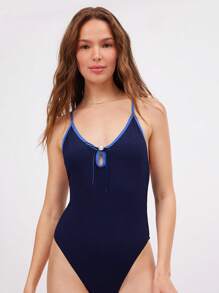 WESTFADE Traje de baño de una pieza con abertura en forma de lazo en la parte delantera, corte alto en las piernas y escote pronunciado en la espalda, de punto acanalado en dos tonos, perfecto para el verano, la playa y el 4 de julio - Azul Marino - Ver 3