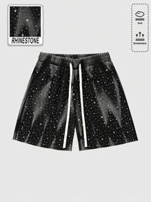 ROMWE MEN Street Life Men's Distressed Rhinestone Embellished Denim Shorts - Black - View 1