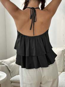 Áo ba lỗ cổ yếm bèo nhún viền trơn màu mùa hè cho nữ - màu đen - Xem 2