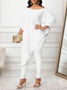 SHEIN Lady 2pcs Women Elegant Solid Asymmetric Shirt & Leggings Set Women Clothing White Outfits Casual Sets For Women