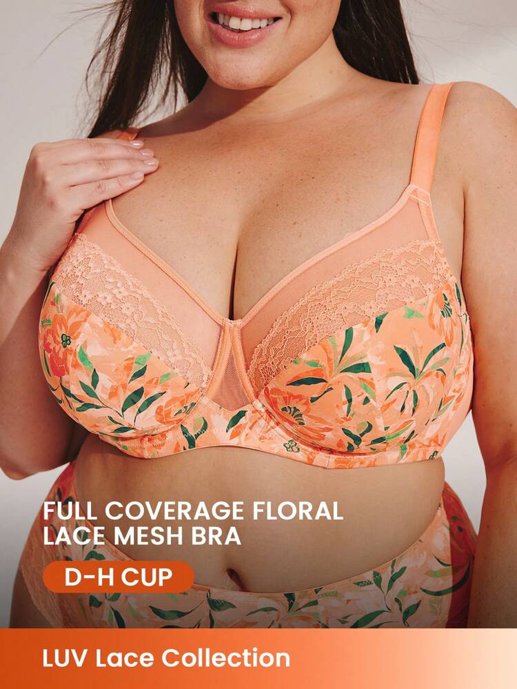 Plus Full Coverage Unlined Mesh & Lace Bra