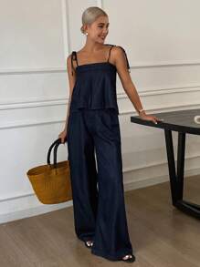 Livesso 女士夏季吊带荷叶边下摆宽松休闲牛仔裤套装，返校服 - 藍色 - 查看 6