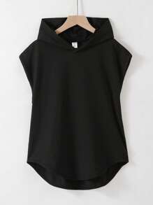 Tween Boy Casual Simple Black Hooded T-Shirt, Suitable For Travel, Tourism, Sports, And Other Daily Wear, Back To School Top - Black - View 1