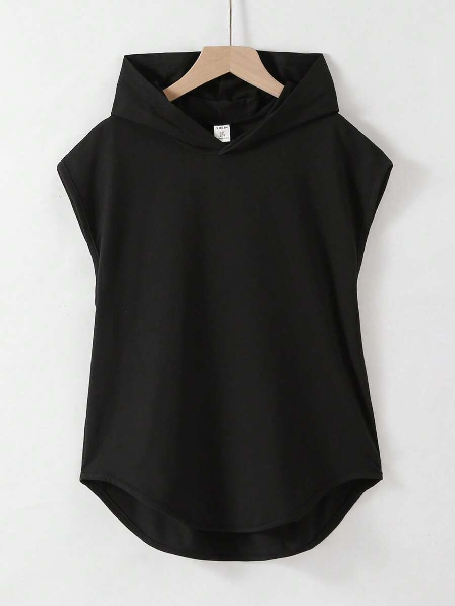 Tween Boy Casual Simple Black Hooded T-Shirt, Suitable For Travel, Tourism, Sports, And Other Daily Wear, Back To School Top - Black - View 1