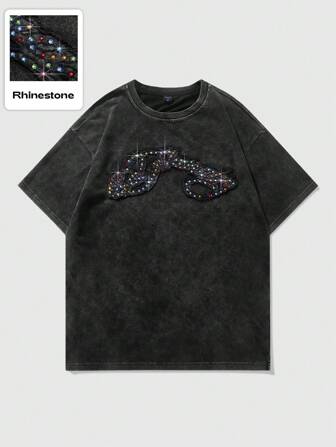 Street Life T-shirt à manches courtes unisexe style urbain au design américain avec broderie anglaise, strass colorés et effet délavé