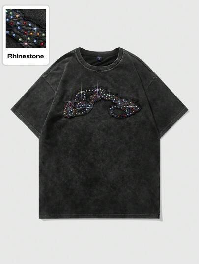 Street Life T-shirt à manches courtes unisexe style urbain au design américain avec broderie anglaise, strass colorés et effet délavé