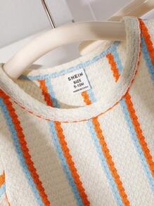 SHEIN Playful Pals Infant Baby Boy Casual Cute Chic Orange Blue Striped Waffle Knit Short Sleeve T-Shirt & Matching Shorts Set, Summer