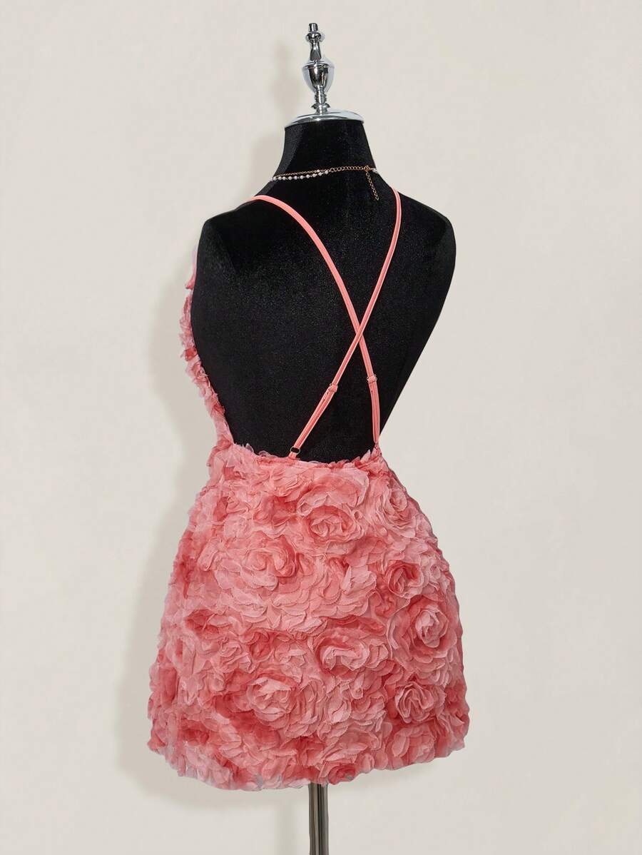 SHEIN ICON Robe mini dos nu à fleurs roses et décolleté en V pour femmes - Multicolore - Voir 1