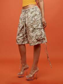 SUMWON WOMEN Pantalones cortos de carga de cintura alta de gran longitud con cordón, para verano, festivales, aventura al aire libre y uso casual, con múltiples bolsillos - Gris - Ver 5