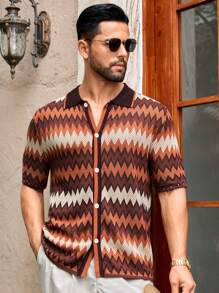 Mainfolk Men's Fashionable Multicolor Jacquard Striped Wave Pattern Fitted Short Sleeve Knitted Cardigan, For Fall Winter - Multicolor - View 4