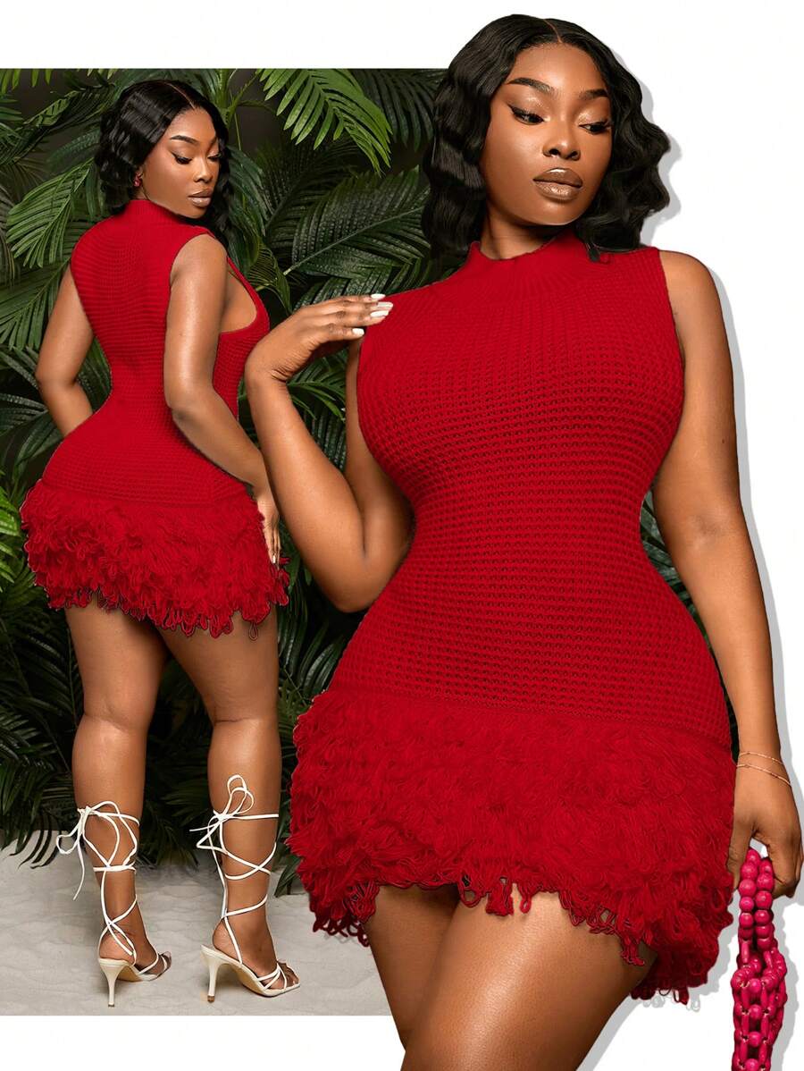 SHEIN SXY 大码女装春夏新款V领无袖镂空流苏修身迷你针织连衣裙，适合日常穿着、音乐节、演唱会、狂欢派对、海滩度假、约会之夜、生日派对、单身派对、夜店、休闲、购物、街头风、外出等场合，易于搭配，显瘦，凸显身材，勾勒优美曲线。另有红色羽毛饰边连衣裙、红色钩针连衣裙、红色迷你连衣裙、红色无袖连衣裙、红色流苏连衣裙等秋冬季款式可供选择。 - 紅色 - 查看 1