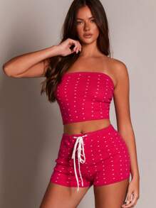 Athîral Women's Bandeau Knit Polka Dot Crop Top, Spring Summer - Hot Pink - View 4