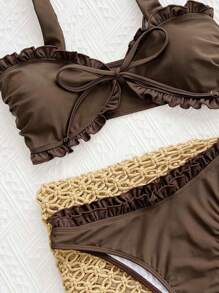 SHEIN Damskie letnie jednolite kolory słodkie falbany z przodu wiązane grube paski swobodny dziewczęcy strój kąpielowy bikini na plażę