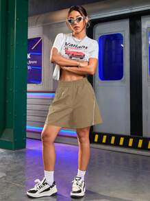 Streetz SHEIN Sport 纯色斜插口袋夏季弹力腰运动短裤 - 卡其色 - 查看 3
