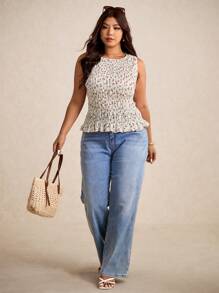 Elaquor 大码女式碎花荷叶边下摆圆领背心