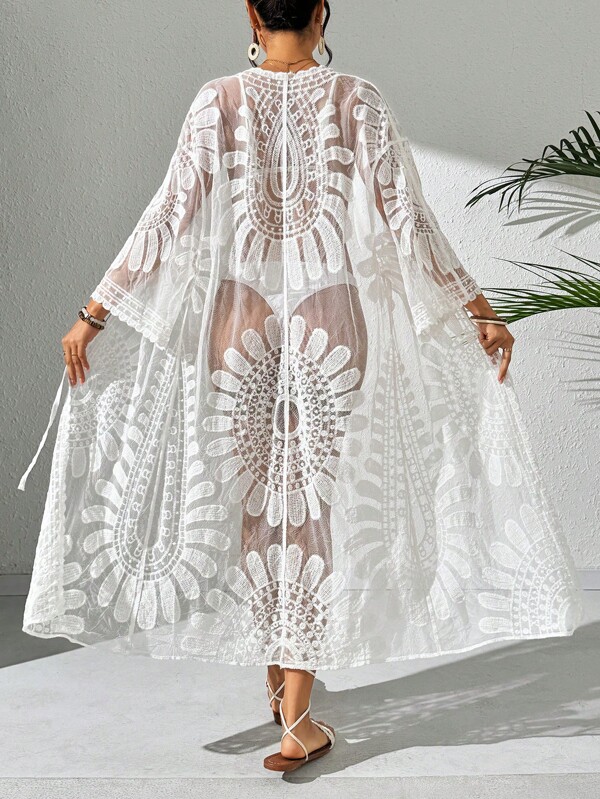 Swim Vcay Kimono femme de plage imprimé floral translucide avec épaules tombantes