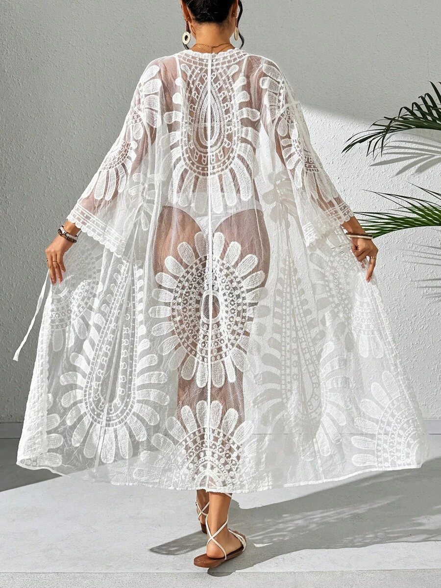 Swim Vcay 女士度假花卉印花露肩透视和服罩衫 - 白色 - 查看 1