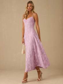 Enchnt 女士夏季提花褶饰优雅吊带连衣裙 - 粉色 - 查看 6