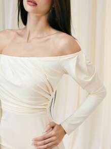 SHEIN MOD Vestido ceñido con hombros descubiertos, mangas abullonadas y fruncido en color albaricoque para mujer - Albaricoque - Ver 5