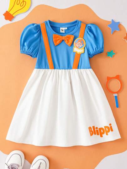 Blippi X SHEIN 年轻女孩可爱卡通人物徽章颜色对比吊带蝴蝶结泡泡袖连衣裙
