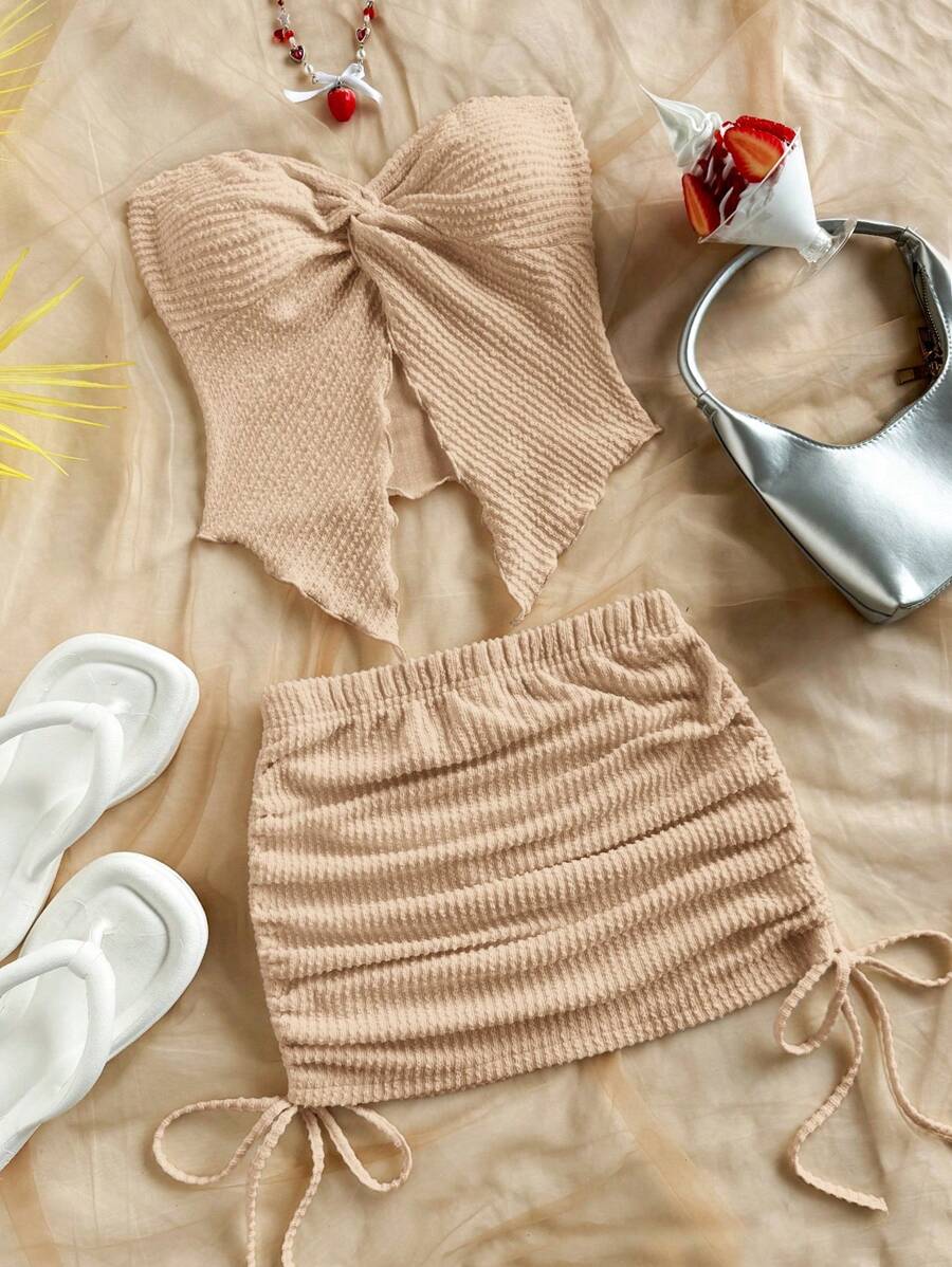 Soleia Bộ 2 món/bộ áo liền quần xoắn đơn giản cho nữ và chân váy mini xếp ly - Màu Khaki - Xem 1