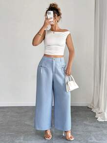 SHEIN PETITE Pantalones rectos de pierna ancha de tela texturizada para mujer de talla grande, aptos para uso diario, oficina, reuniones familiares, pantalones de mujer para otoño/invierno, pantalones de primavera, pantalones de mujer, Bottom, estilo casual minimalista, chic retro, elegancia romántica, Día de San Valentín, temporada de graduación