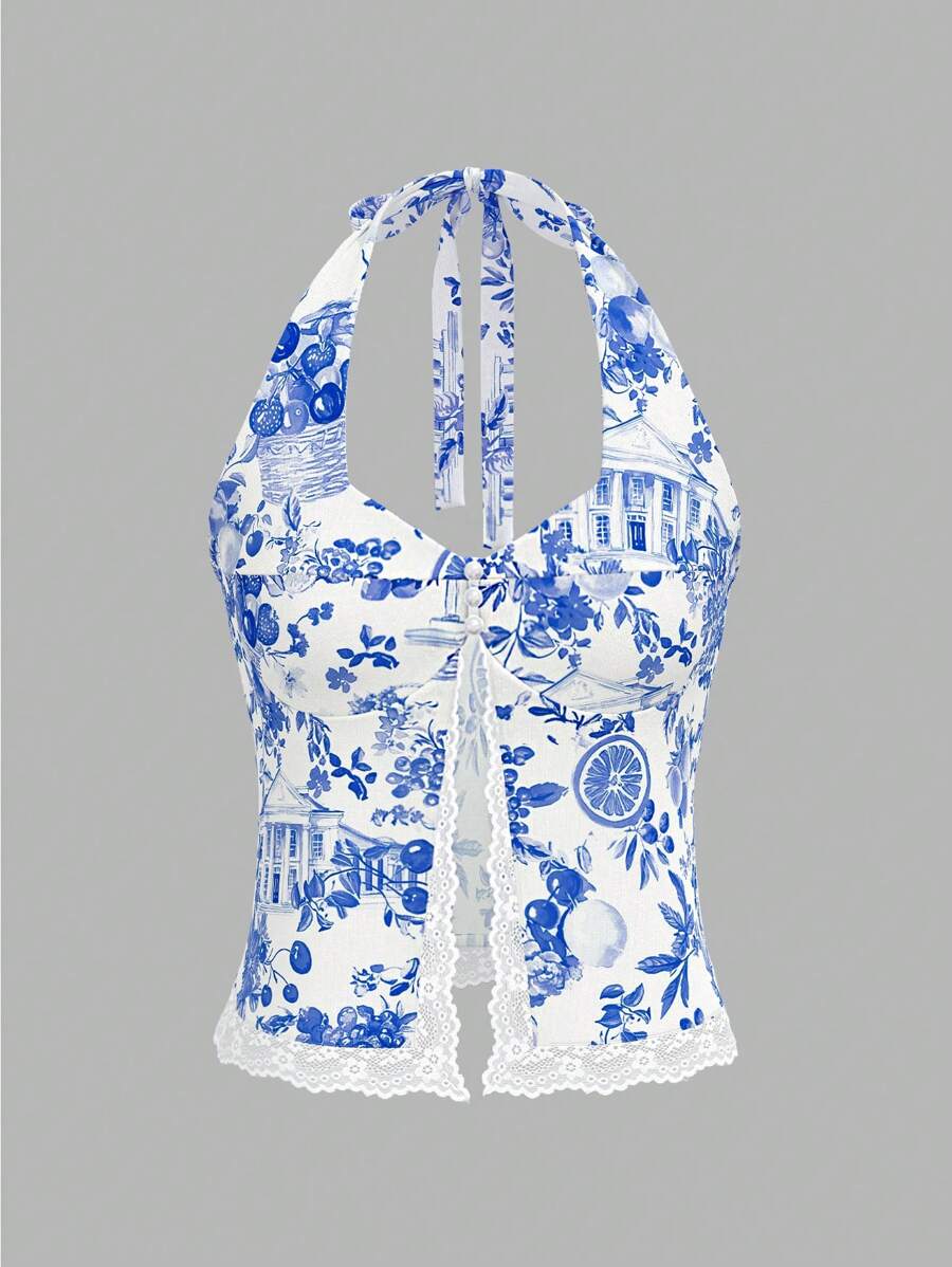 SHEIN MOD Damen Vintage Blau & Weiß Blumen Figurbetontes Trägerhemd - Blau-Weiß - Übersicht 1