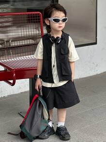 Dazy Kids 2pcs/Set Young BoyCrew Neck Sleeveless Top + Shorts Set, Summer - Black - View 1