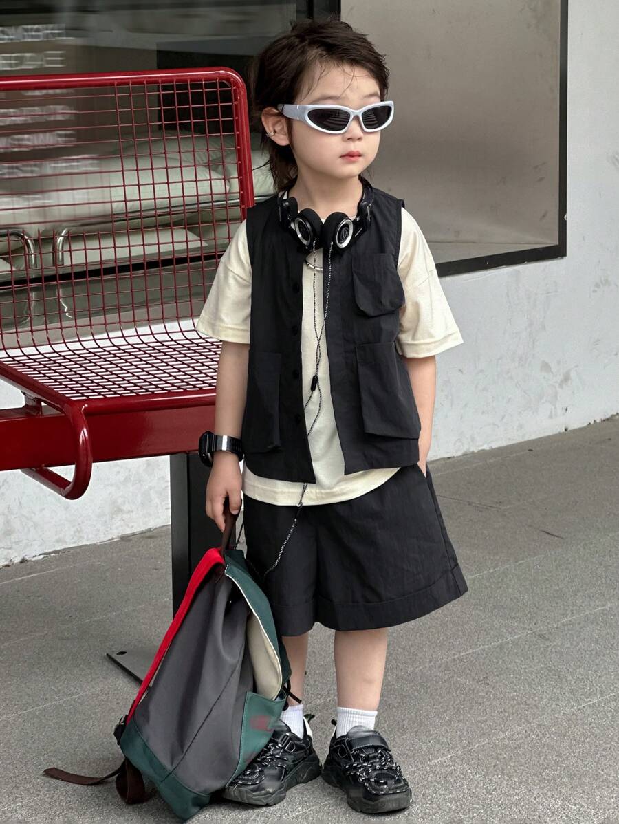 Dazy Kids 2pcs/Set Young BoyCrew Neck Sleeveless Top + Shorts Set, Summer - Black - View 1