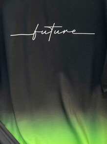 SHEIN 2 件套青少年男童休闲渐变色短袖短裤套装，街头朋克摇滚风格，适合日常外出、派对、音乐节、春夏季，黑/绿色英文标志 - 綠色 - 查看 3