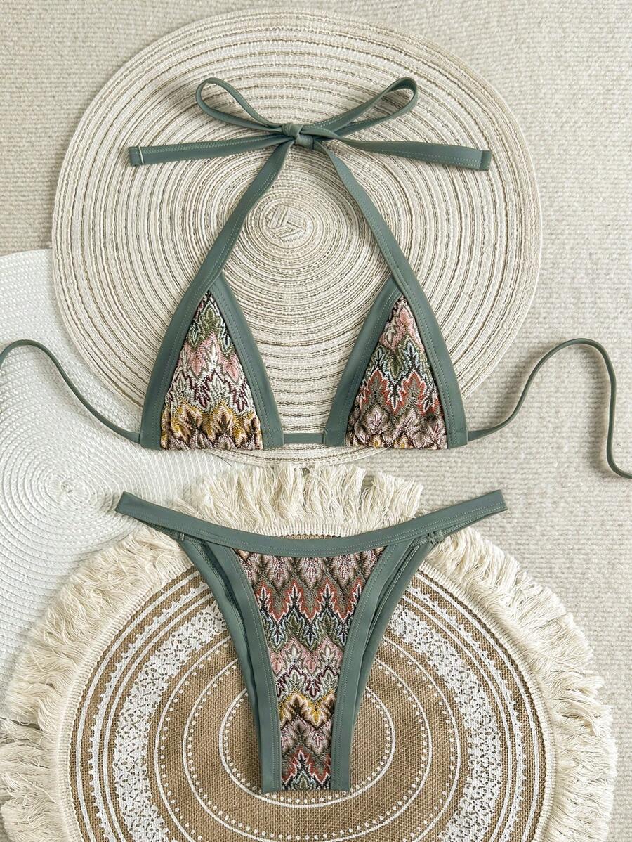 SHEIN Swim Women 2-Piece Textured Knit Bikini Set, Multicolor Cut-Out Tie Front Crop Top And Bottoms, Beach Swimwear - Multicolor - View 1