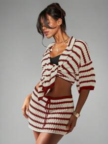 MISSGUIDED Luxury Crochet Mini Skirt With Boho Knitted Drawstring A Line Style Fashion Y2K Streetwear Casual Beach Spring Summer Christmas - Red - View 4