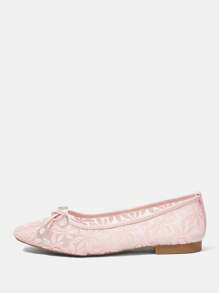 CUCCOO HITCHD Women Shoes Summer New Arrival Bow & Floral Embroidery Lace Square Toe Flats, Elegant Romantic Comfortable Blush Pink Mesh Flats, Suitable For Dress, Wedding, Party, Date, Fashion
