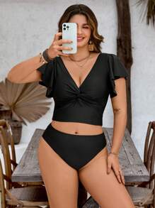 Swim Basics Plus Size Women Summer Beach Solid Color Twist Ruffle Short Sleeve Tankini Swimwear Set - Black - View 3