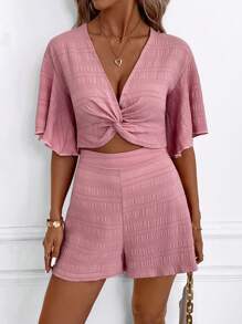 SHEIN Clasi Women's Twist V-Neck Short Sleeve Top And Shorts Set, Textured Fabric, Elegant Daily Wear, Sexy Vacation, Spring/Summer
