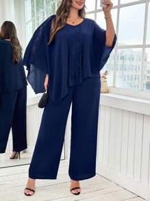 SHEIN Clasi 大码优雅纯色蕾丝拼接不对称下摆衬衫和裤子两件套 - 藏蓝色 - 查看 5