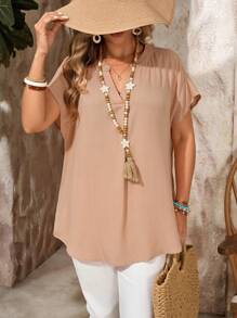 EMERY ROSE 大码女式夏季纯色 V 领蝙蝠袖短袖衬衫，乡村休闲度假装女士，简约时尚的日常穿着，女式夏季上衣，女式夏季服装，女式度假装 - 杏色 - 查看 4