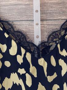 SHEIN VCAY Plus Size Fashion Leopard Print Lace Trim Camisole, Summer - Navy Blue - View 3